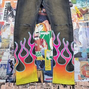 MacKeen Jeans Flame Painted Distressed Denim Pants with Chain Mens